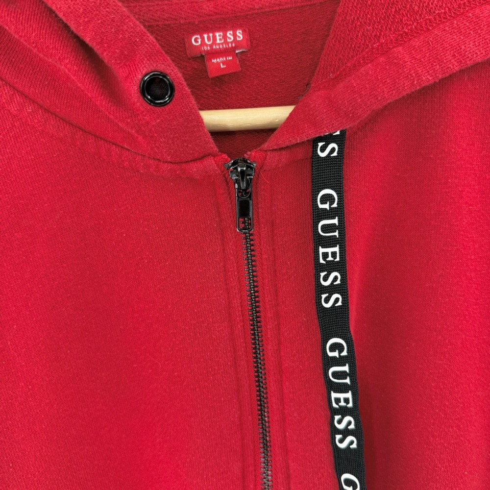 Guess Red Cropped Zip Up Hoodie Long Sleeve Drawstring Hem Logo Graphic Large - Picture 5 of 12